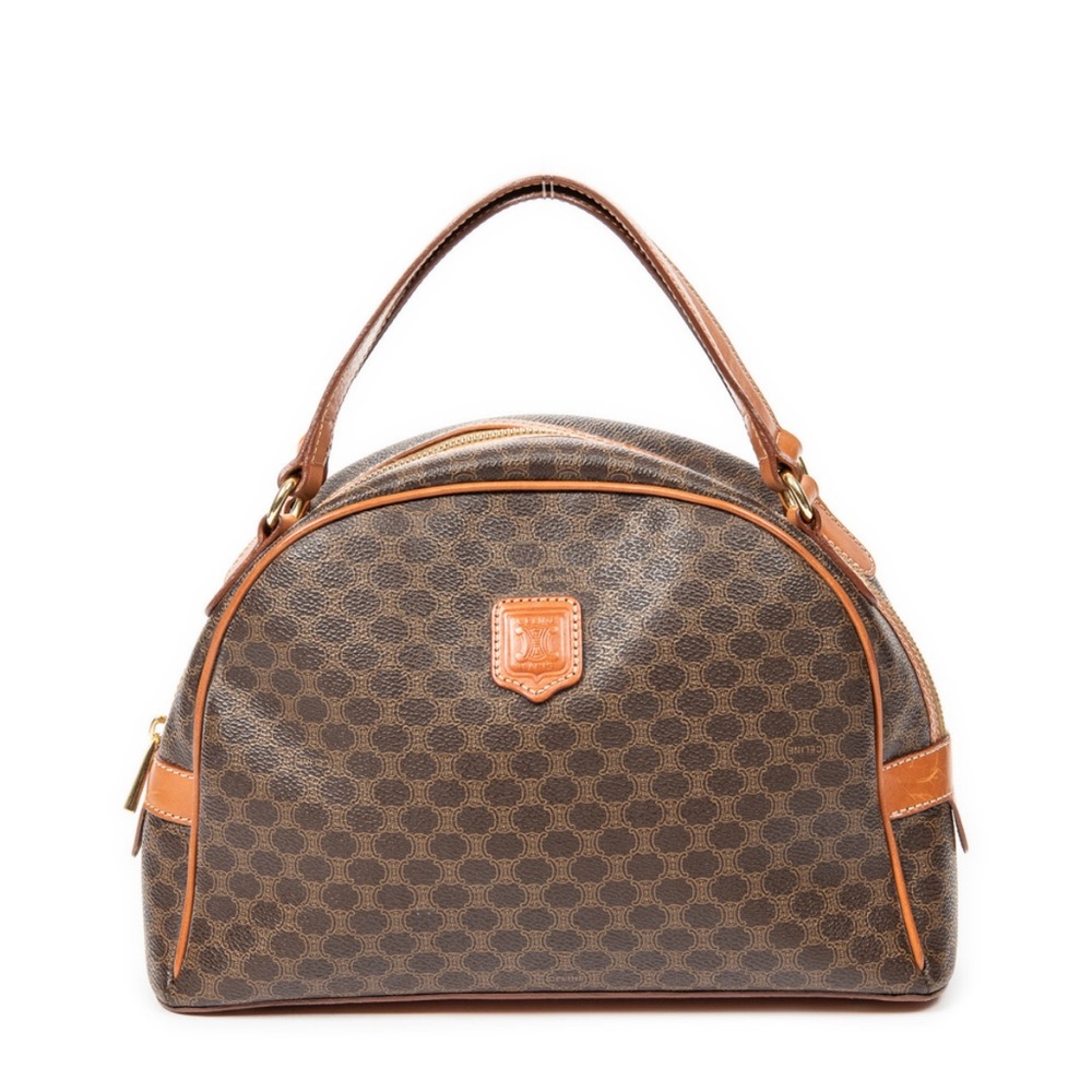 Vintage CELINE Macadam Dome Blazon Bowler Handbag PVC Leather Brown Purse COA